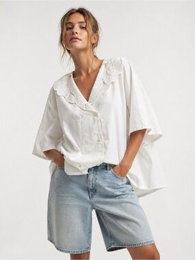 Vintage Oversized Short Sleeve Shirt with Embroidered Collar